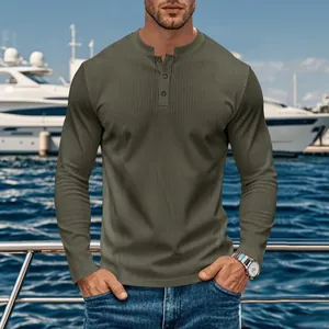 Premium men's olive green ribbed long sleeve Henley shirt for outdoor leisure wear