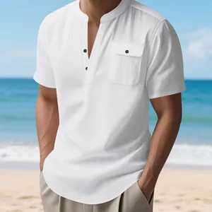 Camiseta Henley de lino blanco para hombre con cuello mandarín y bolsillo de pecho