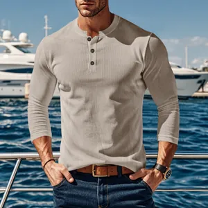 Men's casual long sleeve ribbed Henley shirt in beige, outdoor lifestyle view