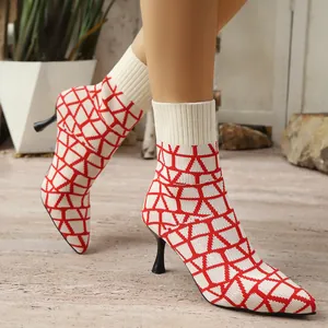 Chic pointed-toe elastic knit ankle boots with red geometric patterns and thin high heels