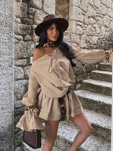 Women Sexy Off-the-Shoulder Bell Sleeve Lace-up Backless Dress Solid Color Slim Fit Polyester Mini Dress Western Style Party Wear