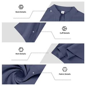 Detalles de cuello, puño, dobladillo y tela de lino azul para camisa casual de hombre.