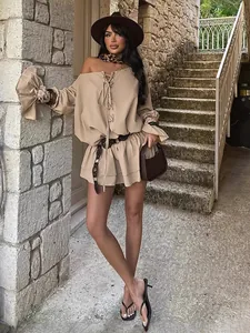 Sexy off-shoulder beige flare sleeve dress with lace-up front for autumn fashion