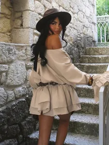 Sexy off-the-shoulder backless beige dress with flare sleeves and elegant ruffled hem