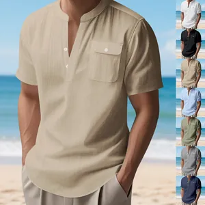 Camiseta Henley informal de lino para hombre con cuello coreano y bolsillo en varios colores.