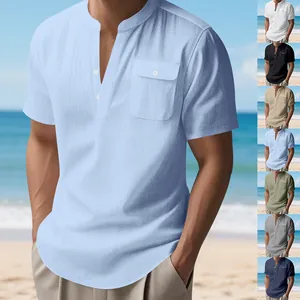 Camiseta Henley informal de lino para hombre con cuello levantado y un bolsillo