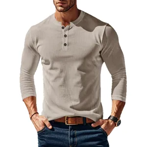 Men's khaki ribbed long sleeve Henley shirt with button placket on white background