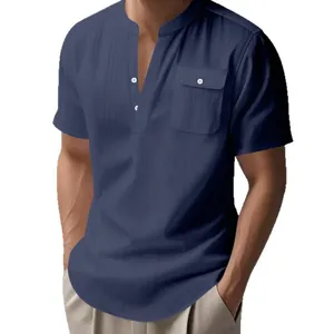 Camisa Henley de lino azul marino para hombre con cuello mao y bolsillo frontal