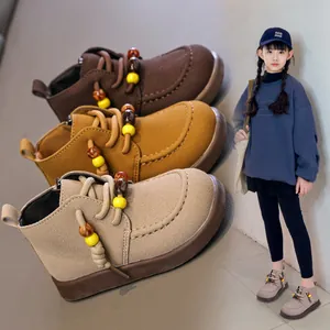 Vintage Britischer Stil Kinder Martin Stiefel Slip-On Kunstleder Kurze Stiefel Modische Perlen Dekor Für Jungen Mädchen Schüler