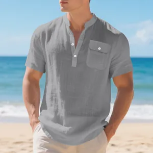 Men's loose linen short-sleeve Henley shirt with pocket for summer beach wear.