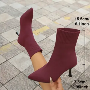 Detail of burgundy stiletto sock boots showing 7.5cm heel and 15.5cm shaft height.