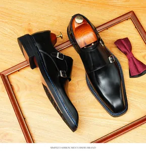 High-quality black leather double monk strap shoes for men with elegant square toe detail