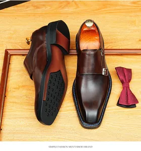 Handmade burnished brown leather double monk strap shoes featuring elegant square toe