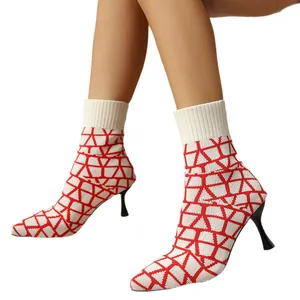 Stylish red and white geometric pattern pointed toe stretch knit stiletto heel ankle boots