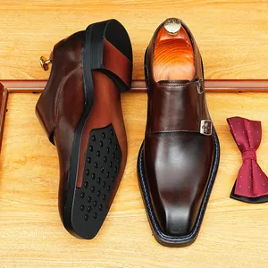 Luxury handmade brown leather double monk strap shoes with a burnished square toe finish