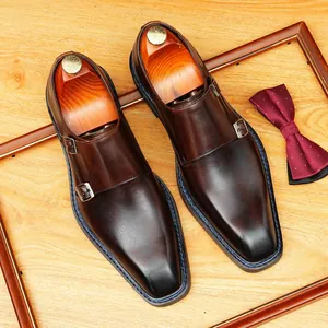 Premium hand-painted brown leather square toe double buckle monk strap shoes for men