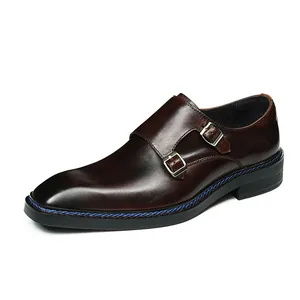 Men's British style dark brown genuine leather double buckle monk shoes with square toe