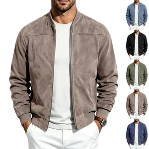 Detailed look at the texture and fit of men's suede bomber jacket in various colors