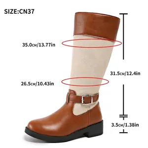 Women's color-block riding boots with denim canvas splicing and belt buckle details