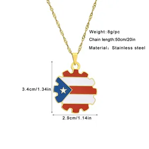 Detailansicht der Abmessungen der Puerto Rico Flagge Zahnrad Halskette in Goldfarbe