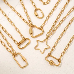 Detail of gold-toned stainless steel paperclip necklaces with geometric clasps