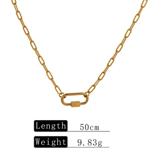 Detailed view of a gold stainless steel paperclip necklace with weight and length info
