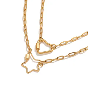 Gold stainless steel paperclip chain necklace featuring heart and star shaped clasps