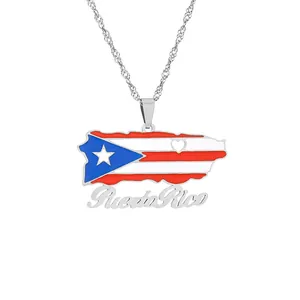 Detailansicht der Puerto Rico Flaggen Karte Anhänger Halskette mit Herzelement