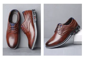 Close-up detail showing the texture and design of brown men's British style leather shoes.