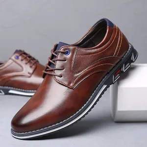 Men's premium brown business casual leather shoes with lace-up design and rubber sole