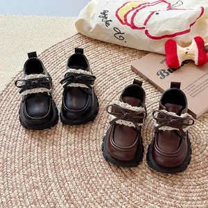 Chaussures Princesse Style Britannique pour Filles Automne Enfants Semelle Souple Nœud Dentelle Ballerines Mocassins