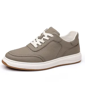 Premium khaki leather men's casual sneakers featuring white rubber soles and laces