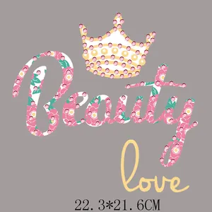 Heat transfer patch with crown and Beauty Love text for DIY clothing decor