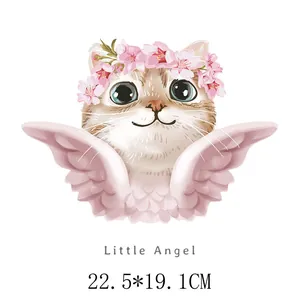 Cute little angel cat heat transfer patch with pink wings and cherry blossom crown