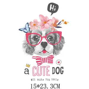 Cute dog with red glasses and pink flowers iron-on heat transfer patch, 15x23.3cm