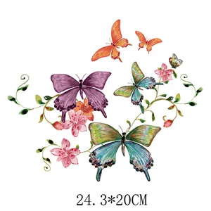 Patch de transfert thermique papillon et fleur aquarelle pour vêtements DIY, 24,3x20cm