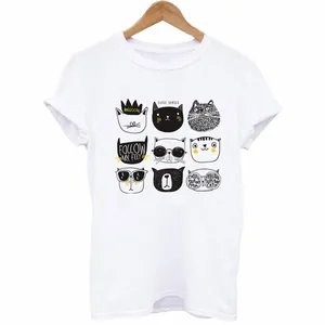 Λευκό T-shirt με χαριτωμένο σχέδιο εκτύπωσης κινουμένων σχεδίων γάτας σε εννέα πλέγματα