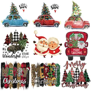 Patches de Transfert Thermique de Noël pour Vêtements Autocollants à Repasser Lavables Impression Offset Père Noël Camion Sapin