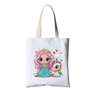 White canvas tote bag with a cute princess and unicorn cartoon print design