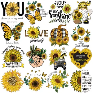 Sunflower Butterfly Heat Transfer Patches For Clothing DIY Iron On Stickers For T-Shirts Bags Washable Floral Decor