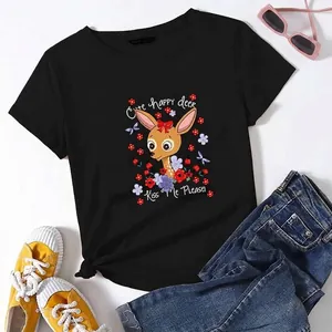 Stylish black short sleeve T-shirt with a cute cartoon deer and floral heat transfer print