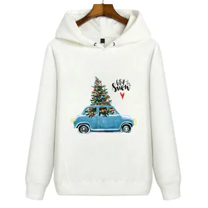 Sweat à capuche de Noël blanc avec voiture bleue et sapin, motif Let it Snow