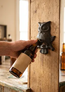 Vue détaillée de l'ouvre-bouteille hibou en fonte vintage monté sur bois