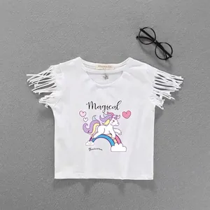 T-shirt bianca per bambini in cotone con stampa di unicorno magico e arcobaleno