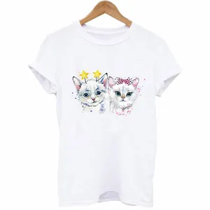 Cute white t-shirt featuring two cartoon kittens with bows and stars heat transfer print