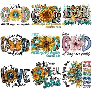 Inspirational Sunflower Letter Heat Transfer Patches For Clothing Religious Quotes Iron On Stickers For T-Shirts Bags Washable Multicolor DIY Apparel Decoration