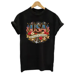 Detailed view of USA 250 Years of Freedom heat transfer patch on a black cotton T-shirt