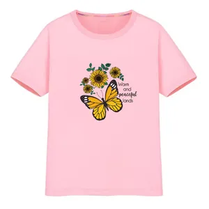 Pink T-shirt featuring a vibrant sunflower and butterfly heat transfer graphic print.