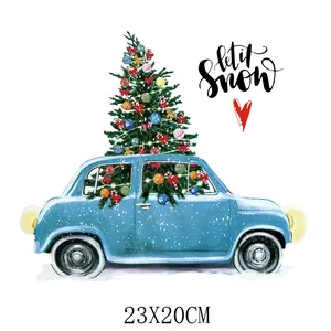 Autocollant transfert thermique voiture bleue avec sapin de Noël pour vêtements 23x20cm