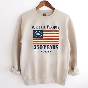 Vintage 'We The People' 250 Years 2026 heat transfer pattern design on cream sweatshirt